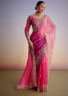 Pink Tissue Floral Embroidered Saree With Scallop Border