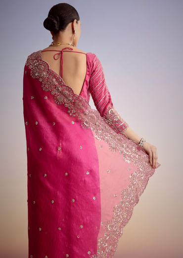 Pink Tissue Floral Embroidered Saree With Scallop Border