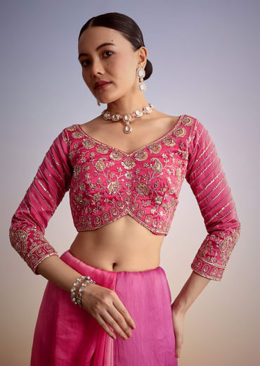 Pink Tissue Floral Embroidered Saree With Scallop Border