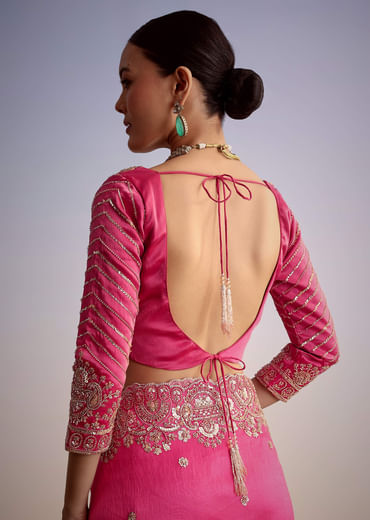 Pink Tissue Floral Embroidered Saree With Scallop Border
