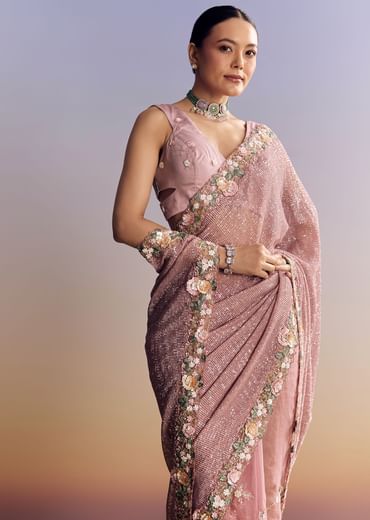 Pink Tissue Half And Half Saree With Floral Sequin Embroidery