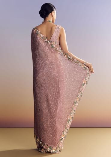Pink Tissue Half And Half Saree With Floral Sequin Embroidery