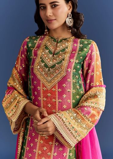 Pink Tissue Kurta With Printed Palazzo And Organza Dupatta