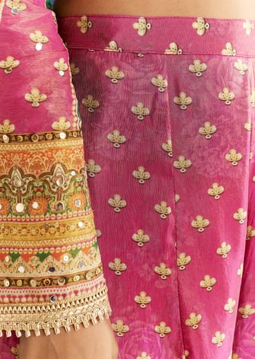 Pink Tissue Kurta With Printed Palazzo And Organza Dupatta
