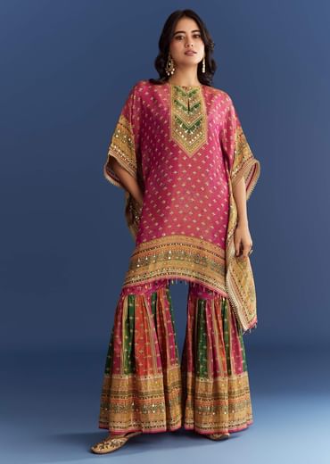 Pink Tissue Mirror Stone Embroidered Kurta With Printed Sharara
