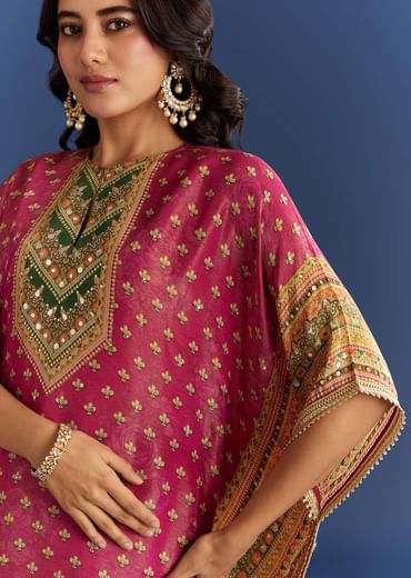 Pink Tissue Mirror Stone Embroidered Kurta With Printed Sharara