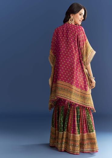 Pink Tissue Mirror Stone Embroidered Kurta With Printed Sharara
