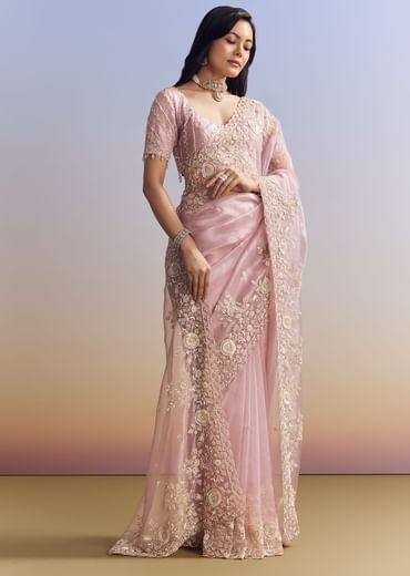 Pink Tissue Saree Adorned With Scallop Border And Heavy Embroidery