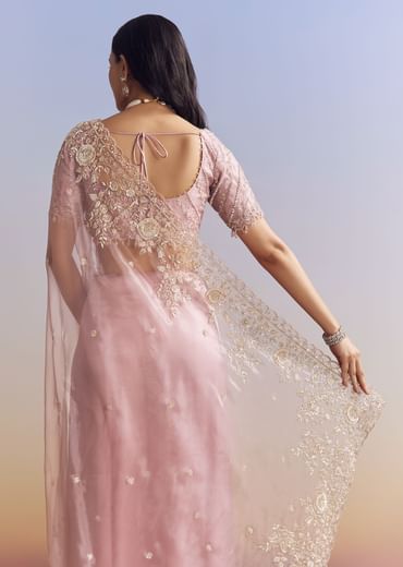 Pink Tissue Saree Adorned With Scallop Border And Heavy Embroidery