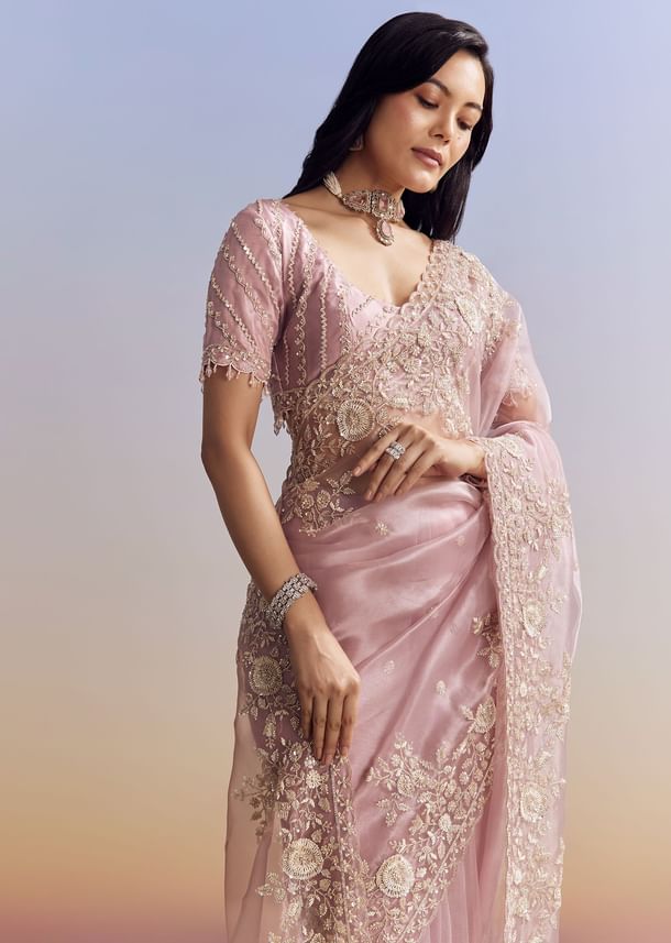 Pink Tissue Saree Adorned With Scallop Border And Heavy Embroidery