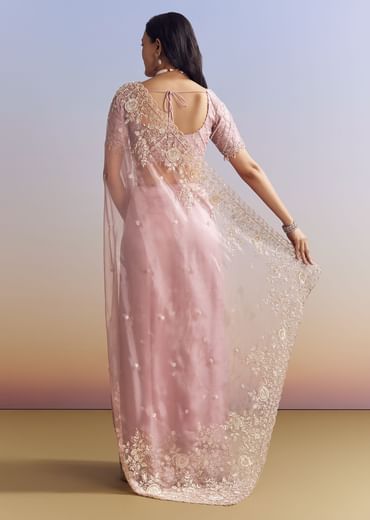 Pink Tissue Saree Adorned With Scallop Border And Heavy Embroidery