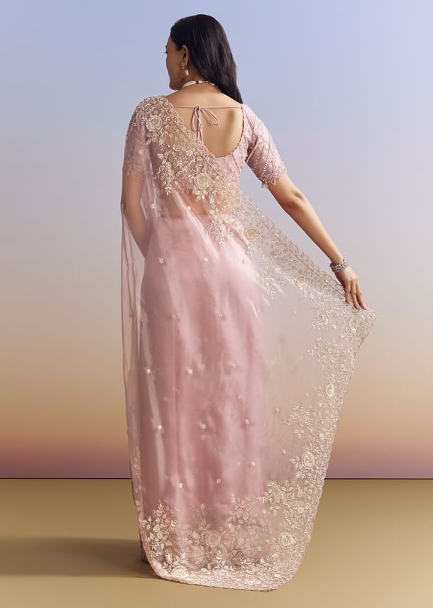 Pink Tissue Saree Adorned With Scallop Border And Heavy Embroidery