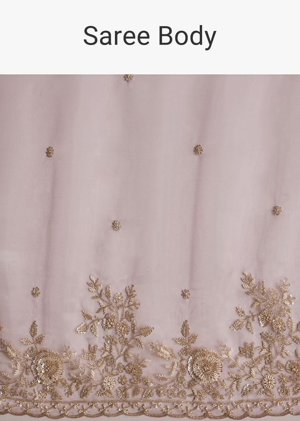 Pink Tissue Saree Adorned With Scallop Border And Heavy Embroidery