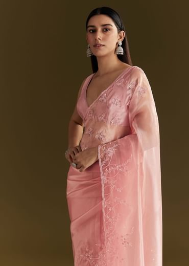 Pink Tissue Saree With Heavy Cutdana And Beads Embroidery