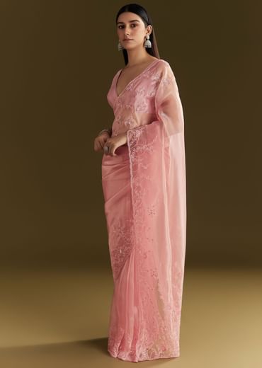 Pink Tissue Saree With Heavy Cutdana And Beads Embroidery