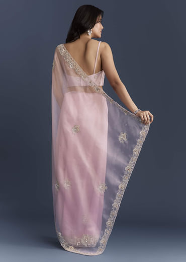 Pink Tissue Saree With Heavy Floral Hand Embroidery
