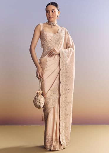 Pink Tissue Saree With Scallop Border