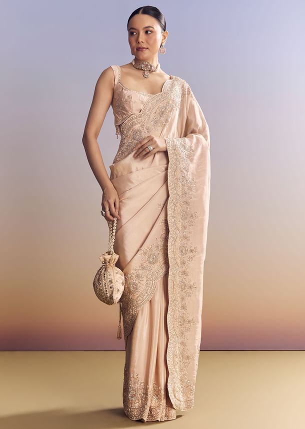 Pink Tissue Saree With Scallop Border