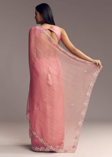 Pink Tissue Saree With Sequins And Floral Border