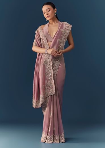 Pink Tissue Silk Embroidered Saree with Blouse Fabric