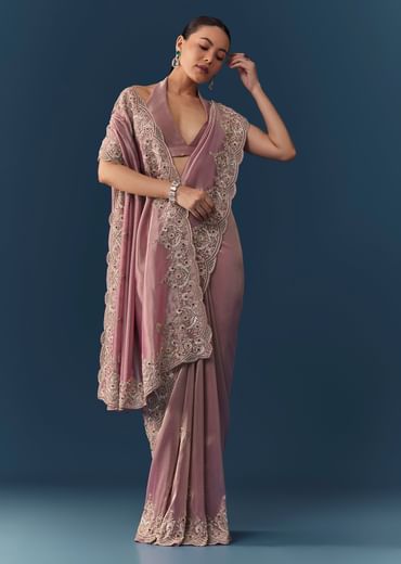Pink Tissue Silk Embroidered Saree with Blouse Fabric