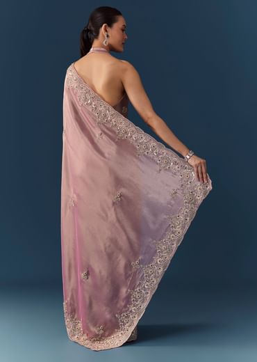 Pink Tissue Silk Embroidered Saree with Blouse Fabric