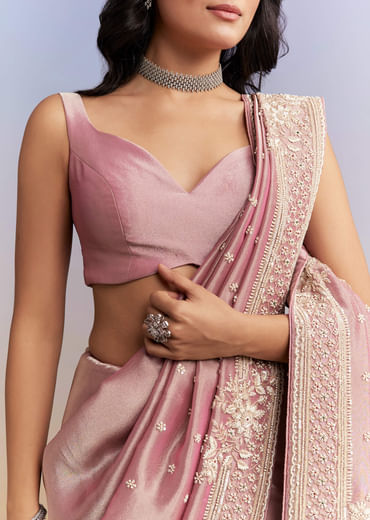 Pink Tissue Silk Saree With Heavy Hand Work
