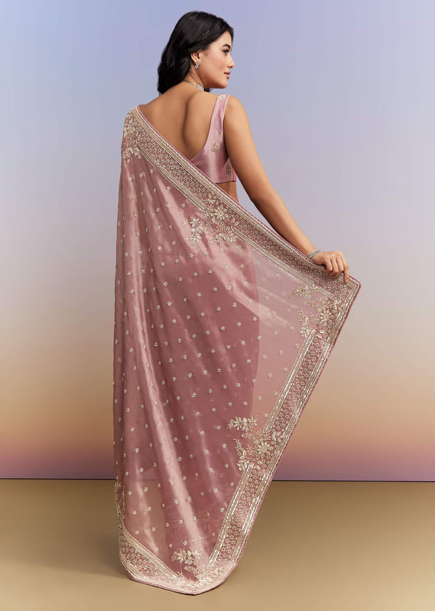 Pink Tissue Silk Saree With Heavy Hand Work