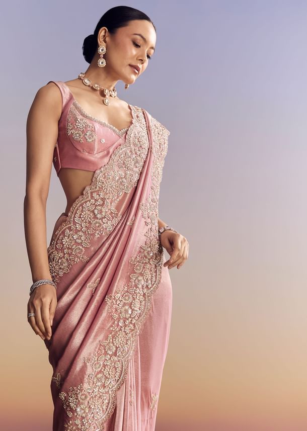 Pink Tissue Silk Saree With Scalloped Border