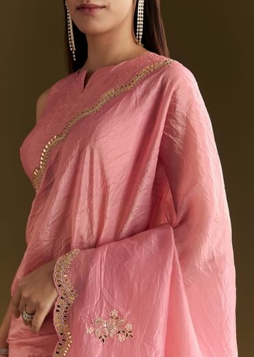 Pink Tissue Zardozi Saree With Scallop Border