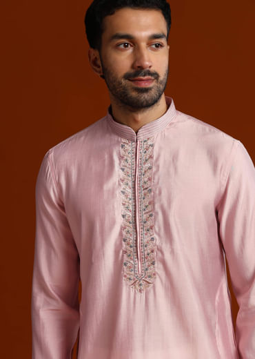 Pink Viscose Kurta Set For Men With Heavy Hand Embroidery