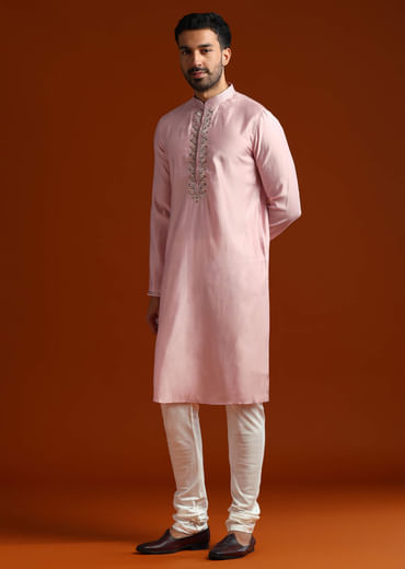 Pink Viscose Kurta Set For Men With Heavy Hand Embroidery