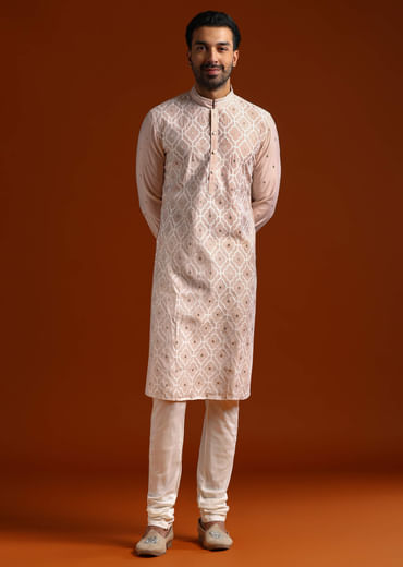 Pink Viscose Kurta Set For Men With Thread Work