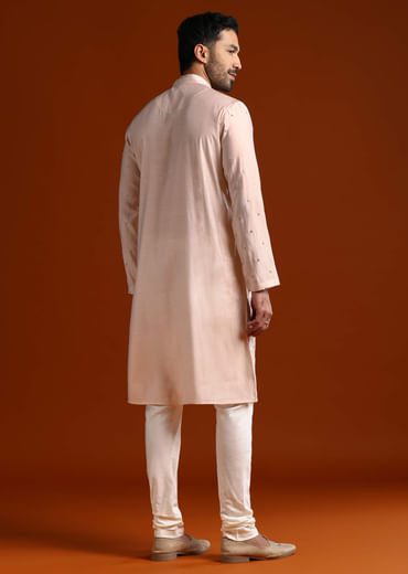 Pink Viscose Kurta Set For Men With Thread Work