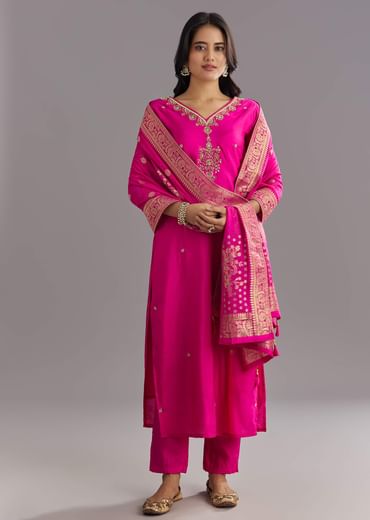 Pink Viscose Silk Kurta Set With Zari Moti and Cut Dana Work