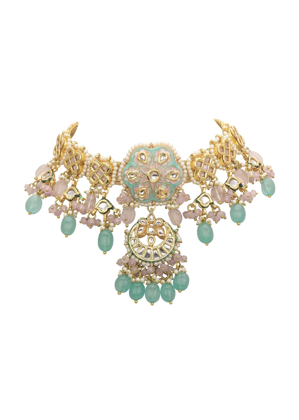 Pink And Aqua Meenakari Pendant Necklace Set With Encrusted Kundan