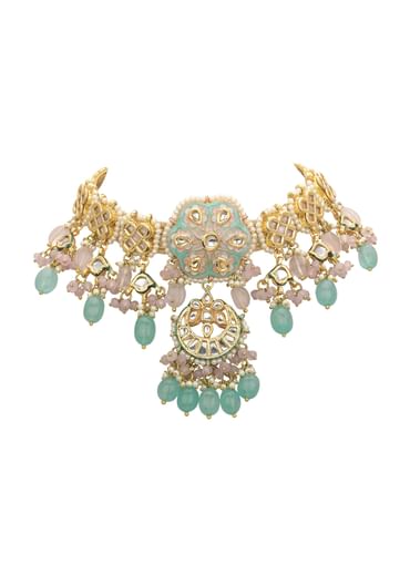 Pink And Aqua Meenakari Pendant Necklace Set With Encrusted Kundan