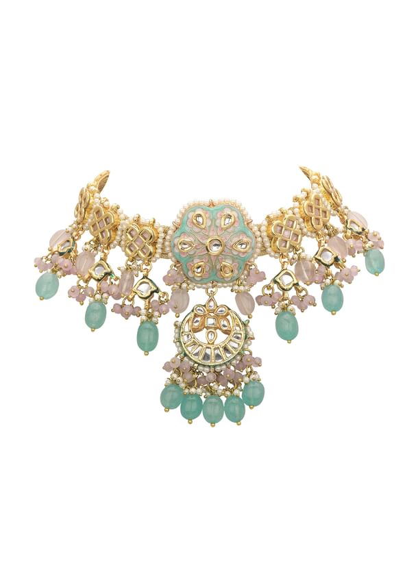 Pink And Aqua Meenakari Pendant Necklace Set With Encrusted Kundan Pink And Aqua Meenakari Pendant Necklace Set With Encrusted Kundan