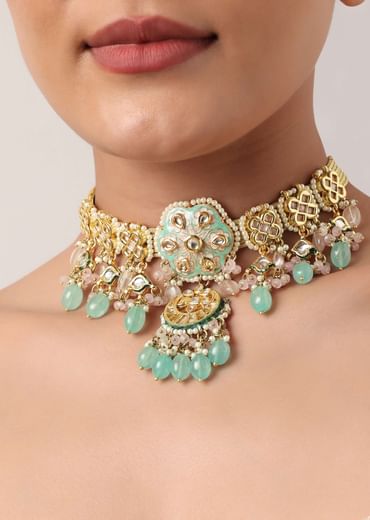 Pink And Aqua Meenakari Pendant Necklace Set With Encrusted Kundan