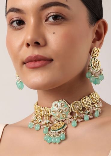 Pink And Aqua Meenakari Pendant Necklace Set With Encrusted Kundan