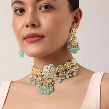 Pink And Aqua Meenakari Pendant Necklace Set With Encrusted Kundan