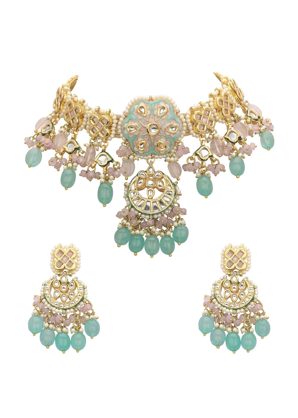 Pink And Aqua Meenakari Pendant Necklace Set With Encrusted Kundan