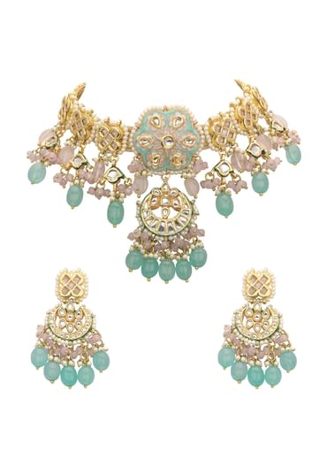 Pink And Aqua Meenakari Pendant Necklace Set With Encrusted Kundan