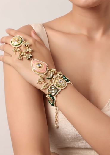 Pink And Gold Hathphool With Meenakari And Kundan