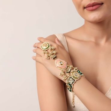 Pink And Gold Hathphool With Meenakari And Kundan