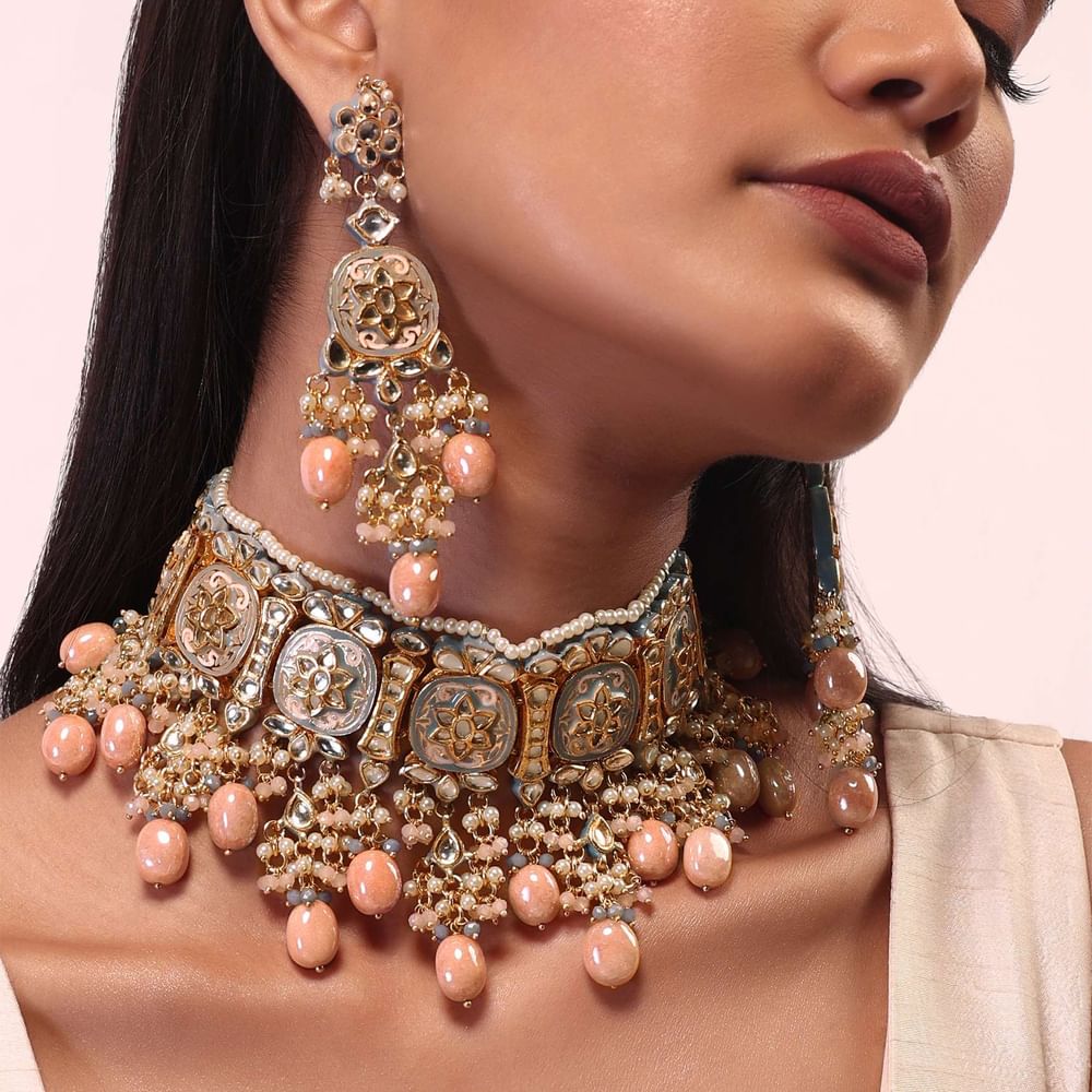 Pink And Gold Meenakari Choker Necklace Set With Beads