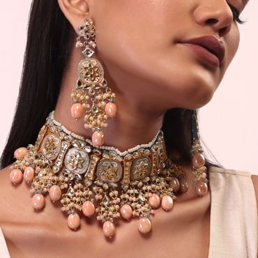 Pink And Gold Meenakari Choker Necklace Set With Beads