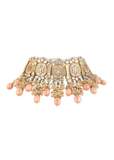 Pink And Gold Meenakari Choker Necklace Set With Beads