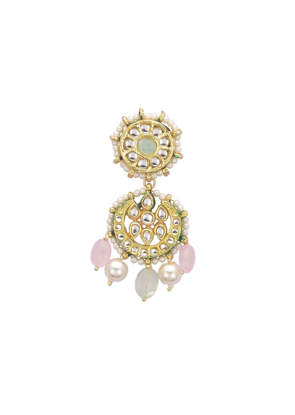 Pink And Green Pendant Necklace Set With Encrusted Kundan