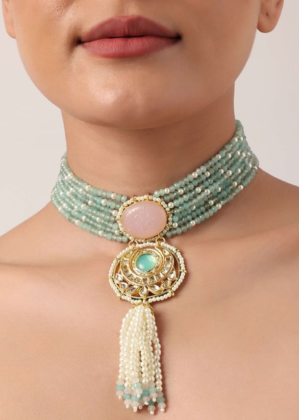 Pink And Green Pendant Necklace Set With Encrusted Kundan Pink And Green Pendant Necklace Set With Encrusted Kundan